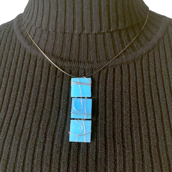 2x18$ 🎁 💎CREATION - Short necklace Wire & ceramic squares (line of 3) - blue - Picture 1 of 9